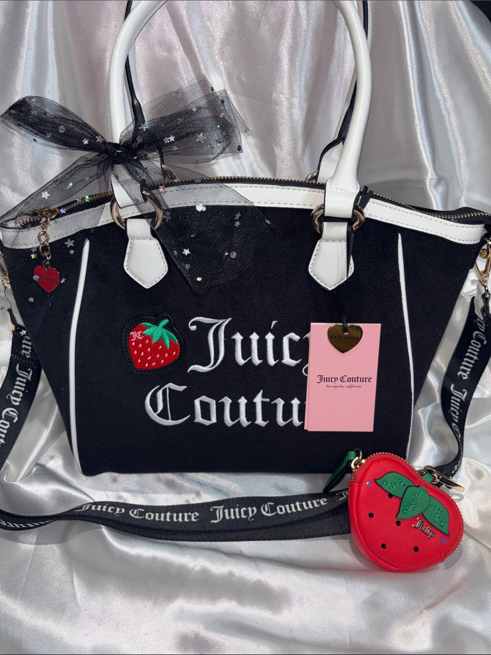 EXCLUSIVE Juicy Couture Black & White Tote with Strawberry Charm Pouch